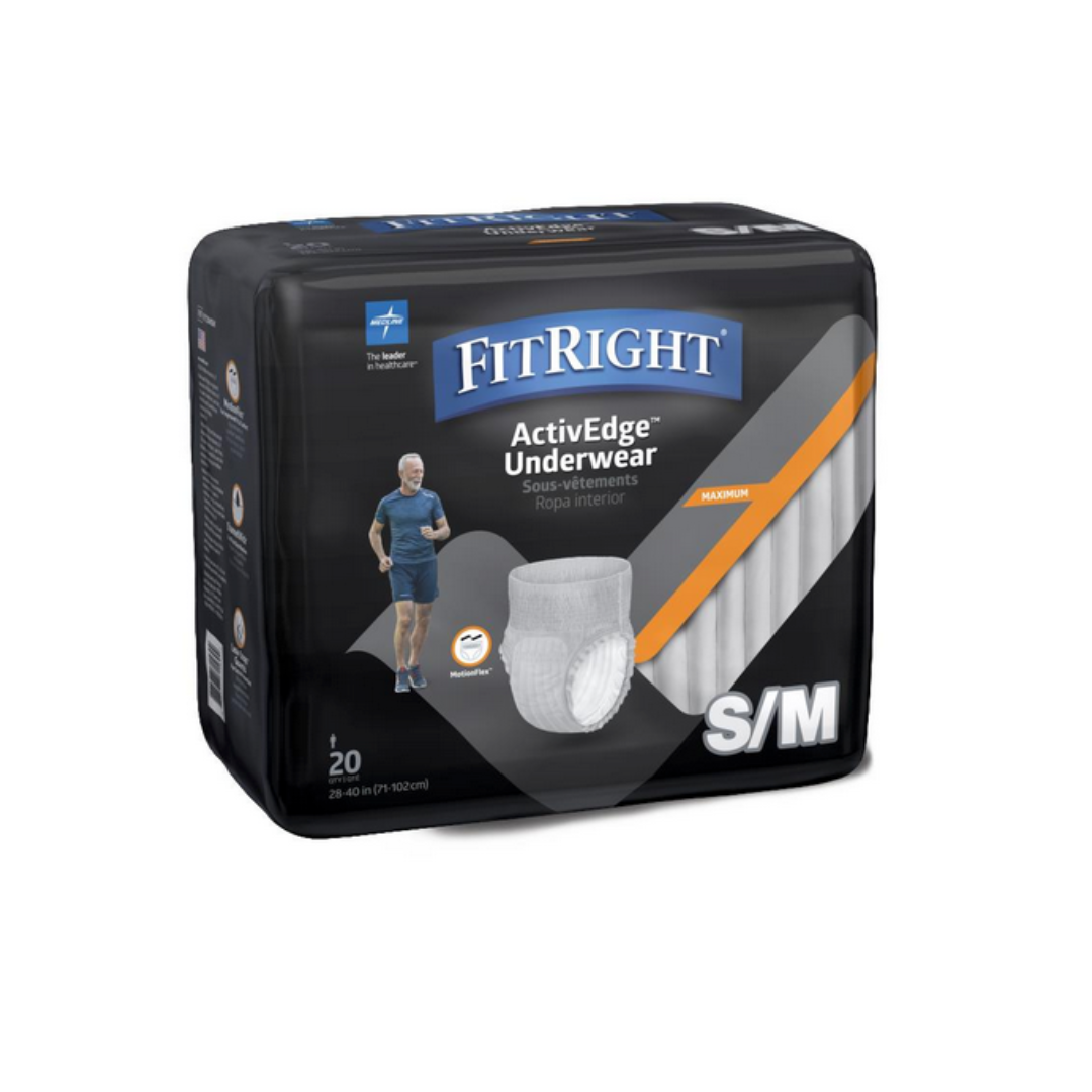 Packaging of FitRight ActivEdge Underwear for Men, size S/M, displays a model jogging, highlighting comfort and design. Offers odor control for freshness. The pack has 20 pieces and fits waist sizes 28-40 inches with moderate absorbency.